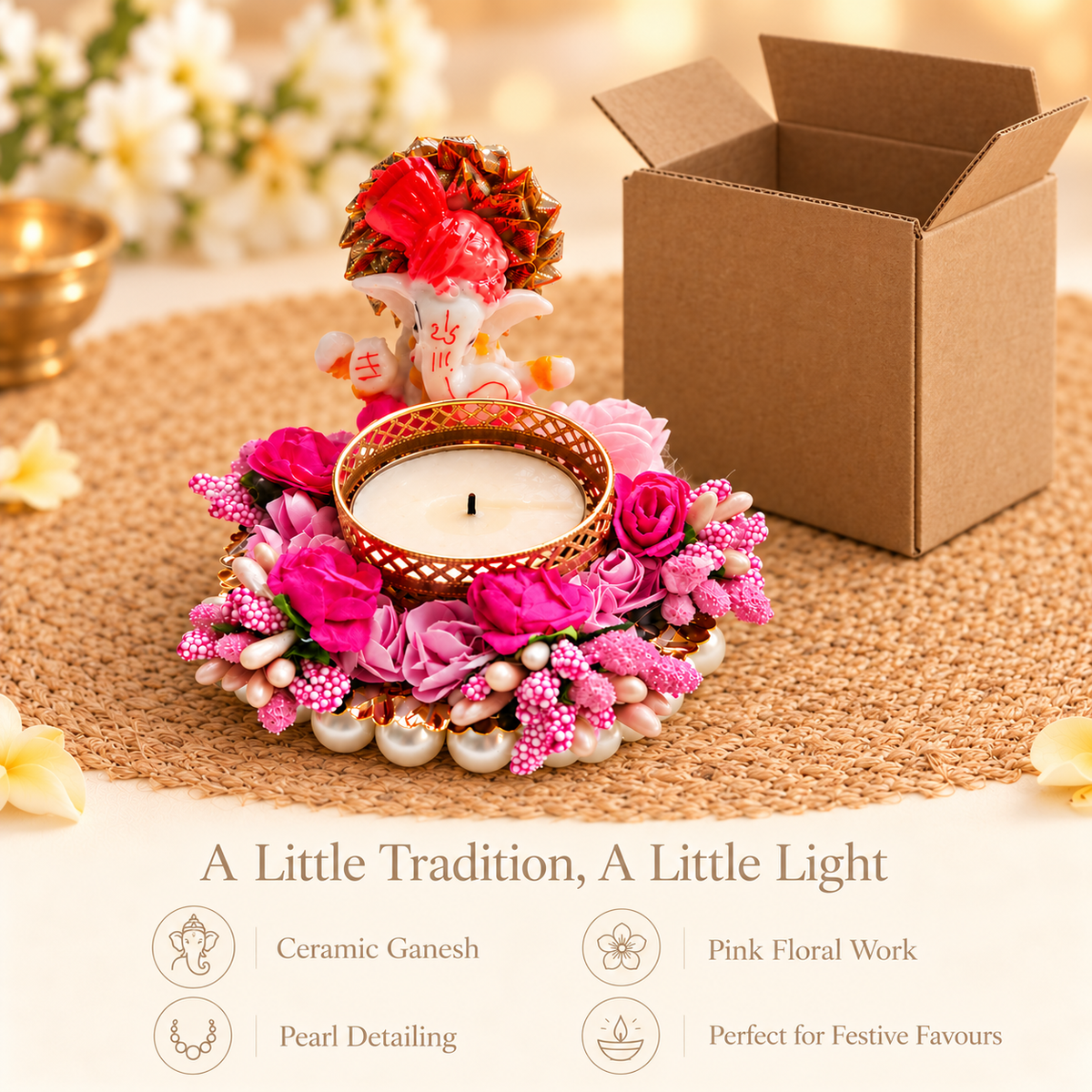 Pink Floral Ceramic Ganesh Tea Light Holder