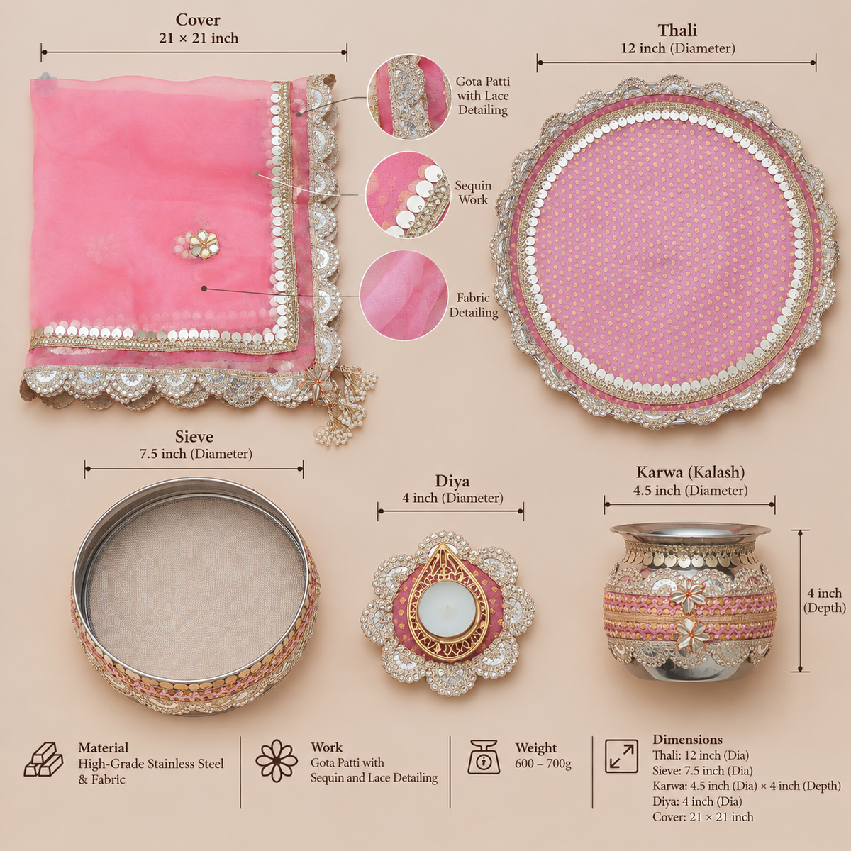 Blush Pink & Silver Gota Patti Embellished Karwa Chauth Pooja Thali Set with Cover