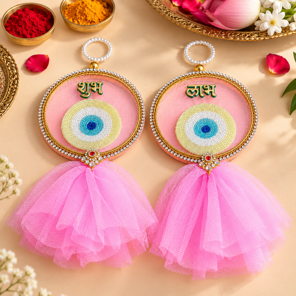 Pink Evil Eye Shubh Labh with Net Tassels