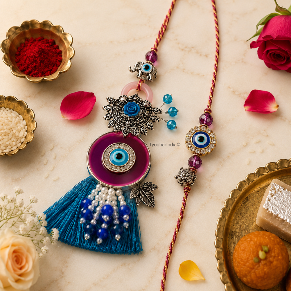 TyouharIndia Bhaiya Bhabhi Family Evil Eye Rakhi & Lumba Combo Set of 3