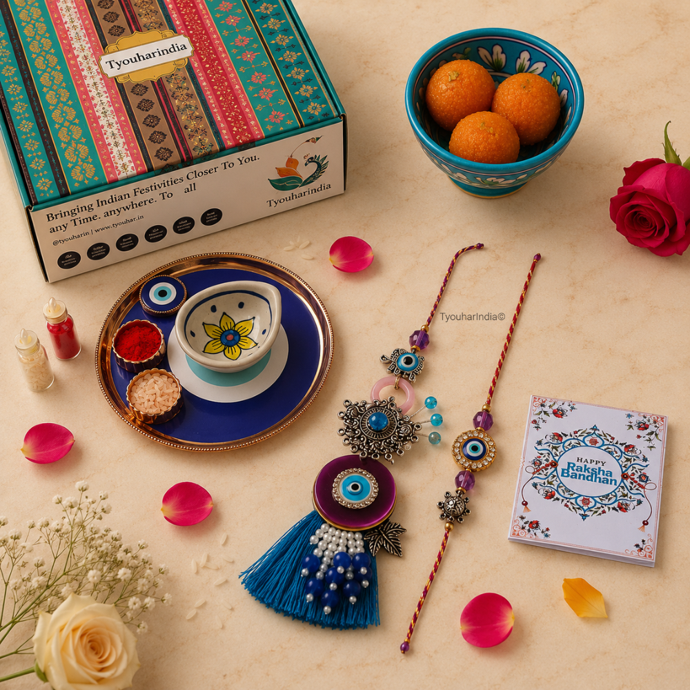Bhaiya Bhabhi Purple Blue Round Evil Eye Rakhi & Lumba Ritual Gift Hamper Box with Diya & Bowl