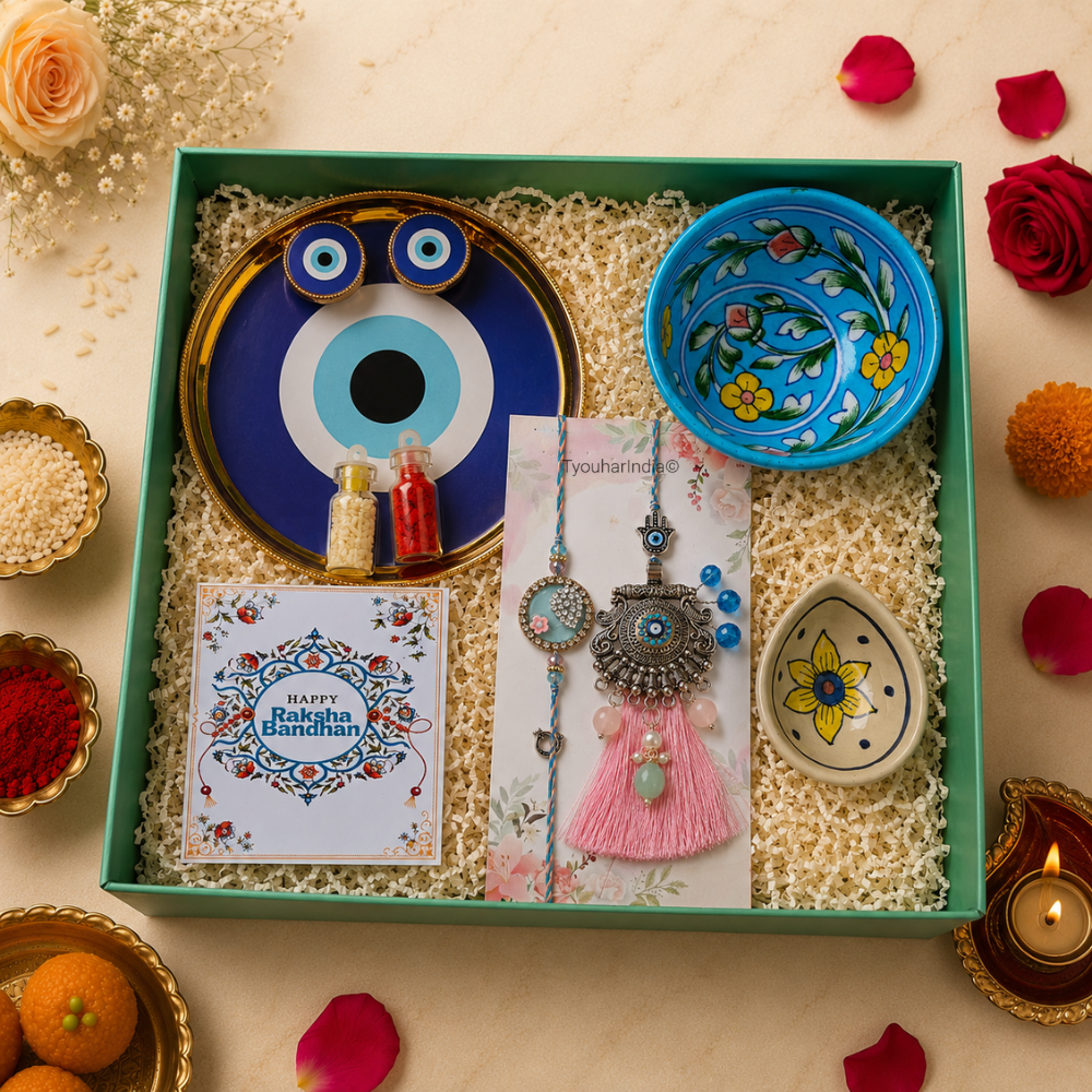 Bhaiya Bhabhi Pink Blue Round Evil Eye Rakhi & Lumba Ritual Gift Hamper Box with Diya & Bowl