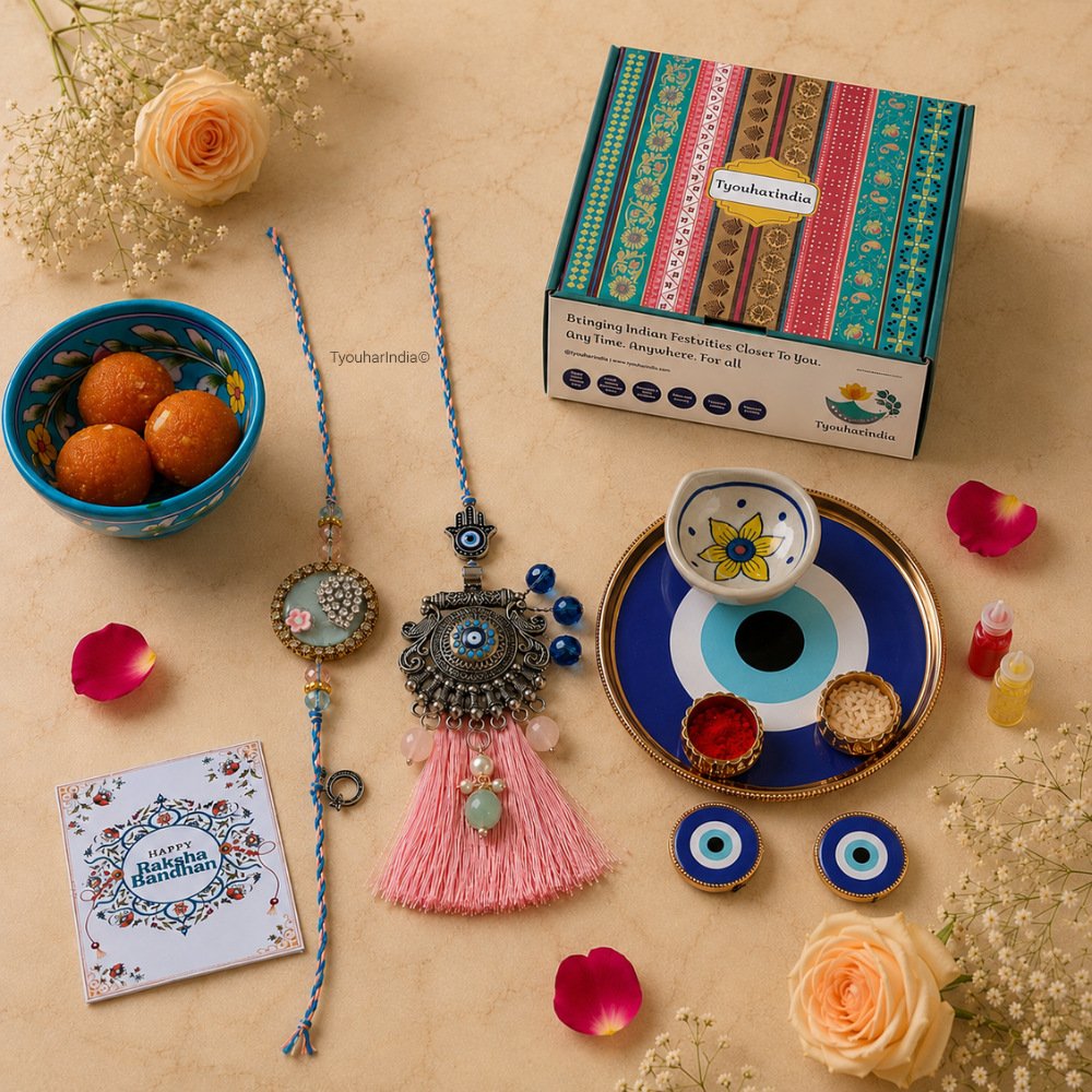 Bhaiya Bhabhi Pink Blue Round Evil Eye Rakhi & Lumba Ritual Gift Hamper Box with Diya & Bowl