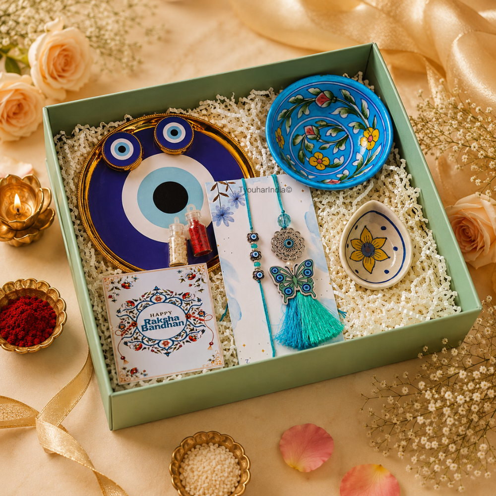Bhaiya Bhabhi Green Blue Butterfly Evil Eye Rakhi & Lumba Ritual Gift Hamper Box with Diya & Bowl