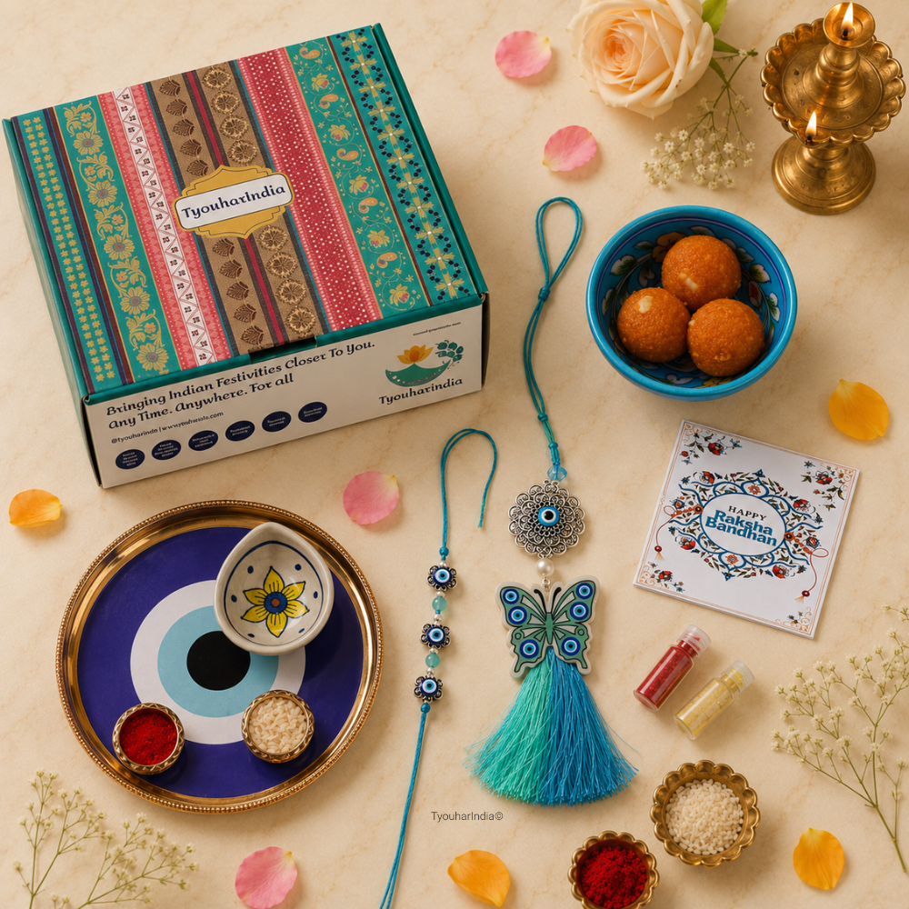 Bhaiya Bhabhi Green Blue Butterfly Evil Eye Rakhi & Lumba Ritual Gift Hamper Box with Diya & Bowl