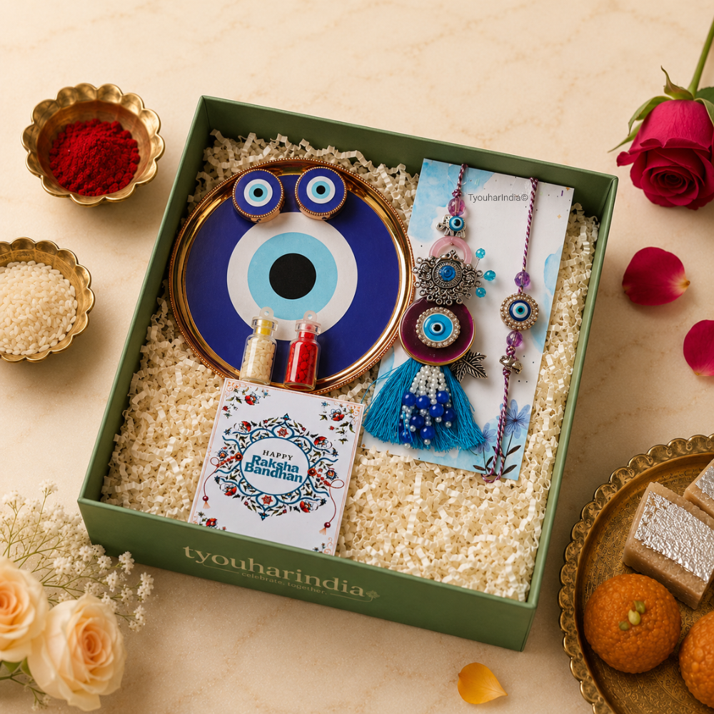 Bhaiya Bhabhi Purple Blue Round Evil Eye Rakhi & Lumba Ritual Gift Box