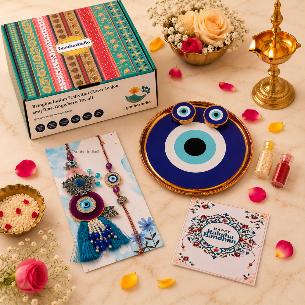 Bhaiya Bhabhi Purple Blue Round Evil Eye Rakhi & Lumba Ritual Gift Box