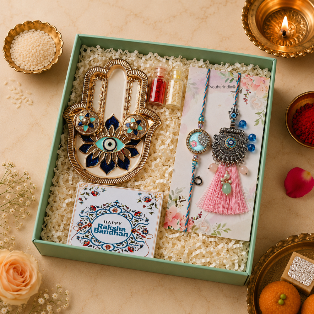 Bhaiya Bhabhi Pink Blue Round Evil Eye Rakhi & Lumba Ritual Gift Box