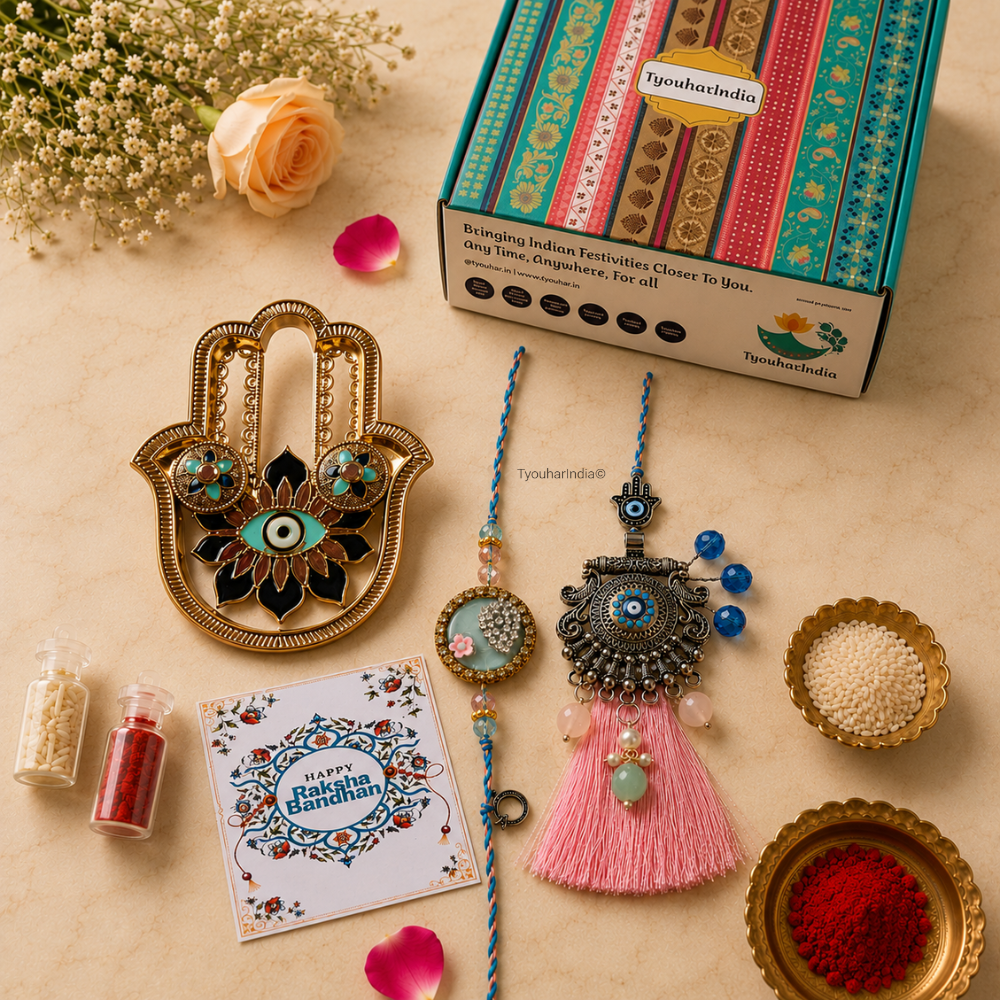 Bhaiya Bhabhi Pink Blue Round Evil Eye Rakhi & Lumba Ritual Gift Box
