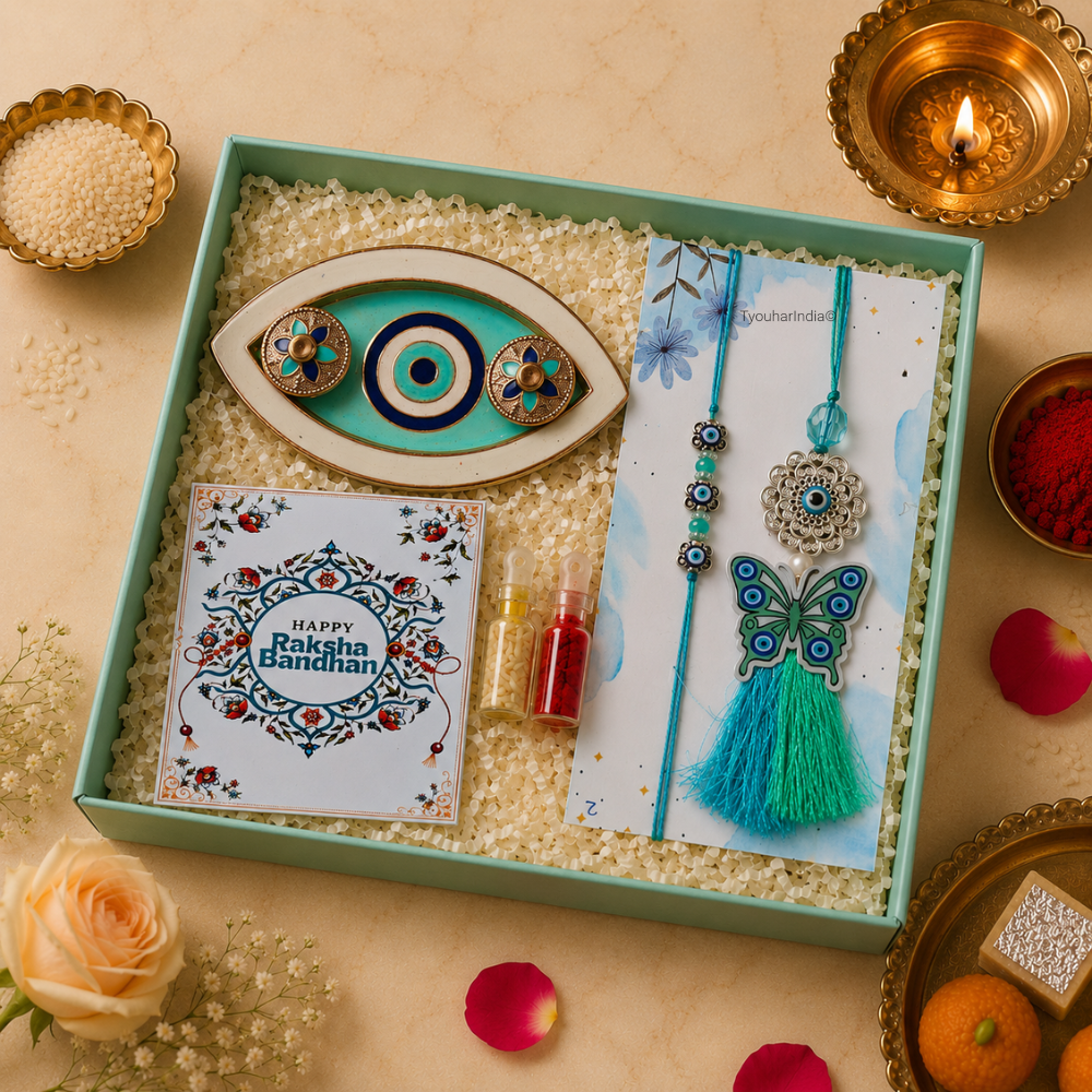 Bhaiya Bhabhi Green Blue Butterfly Evil Eye Rakhi & Lumba Ritual Gift Box