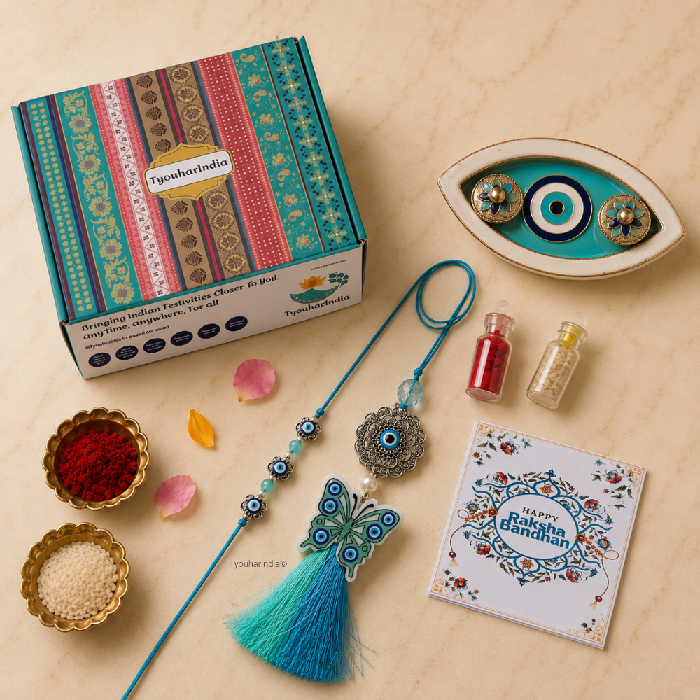 Bhaiya Bhabhi Green Blue Butterfly Evil Eye Rakhi & Lumba Ritual Gift Box