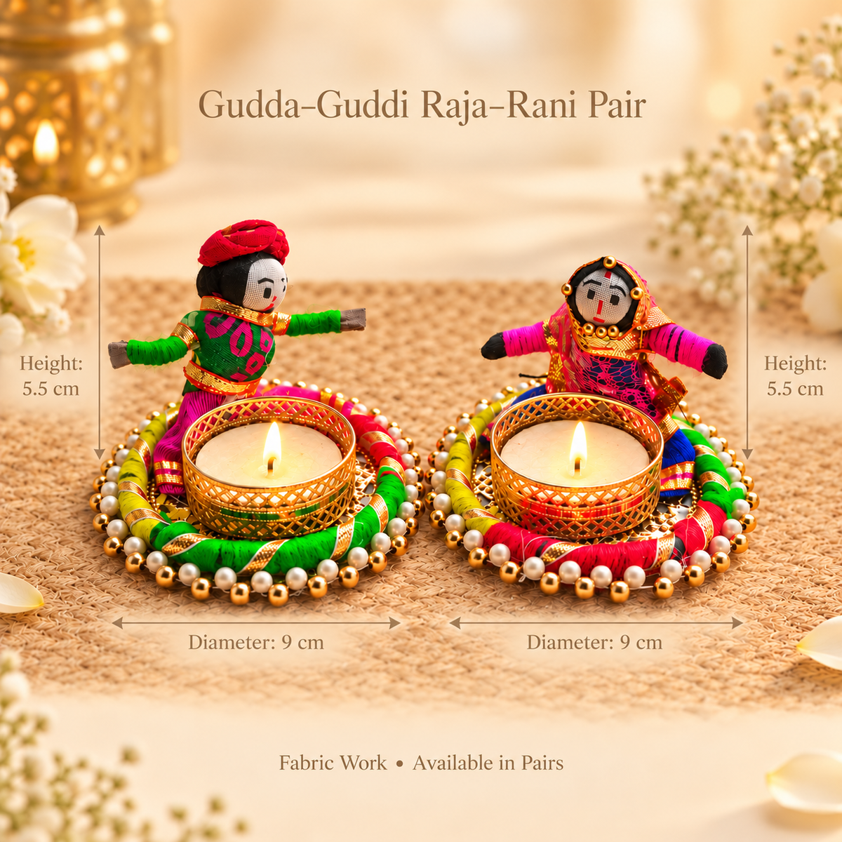 Gudda Guddi Raja Rani Fabric Tea Light Holders – Set of 2