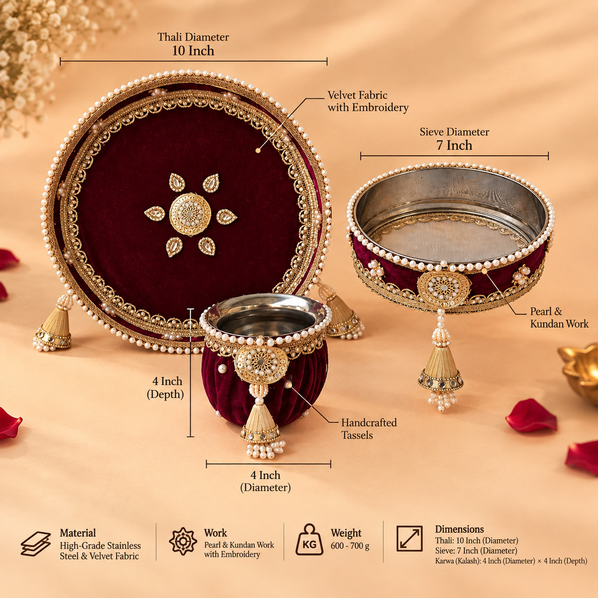 Imperial Wine Velvet Pearl & Gota Embellished Karwa Chauth Pooja Thali Set