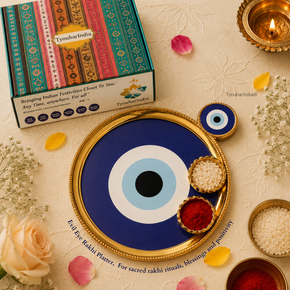 Bhaiya Bhabhi Green Blue Butterfly Evil Eye Rakhi & Lumba Ritual Gift Hamper Box with Diya & Bowl