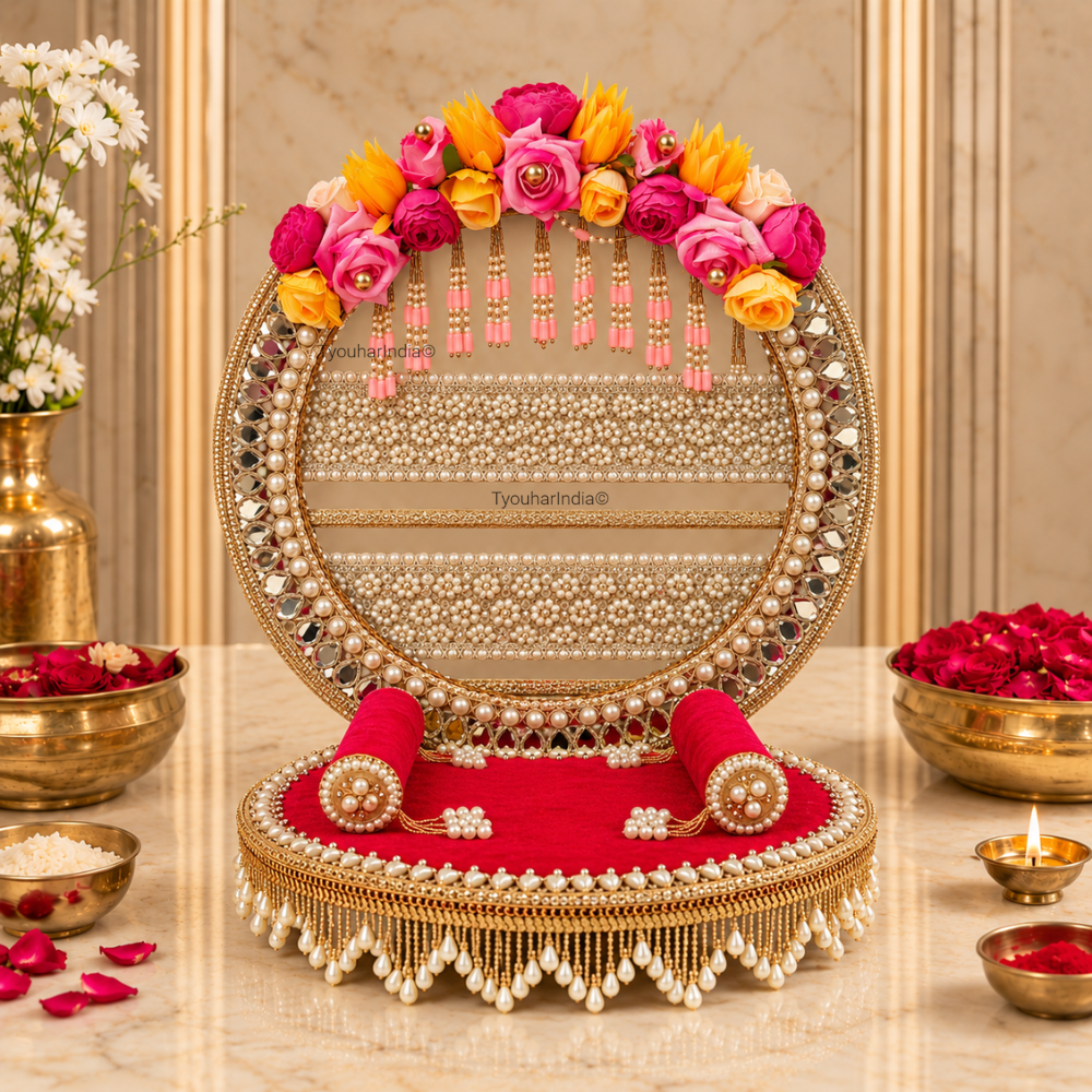 Royal Red Floral Singhasan Chowki Makhar