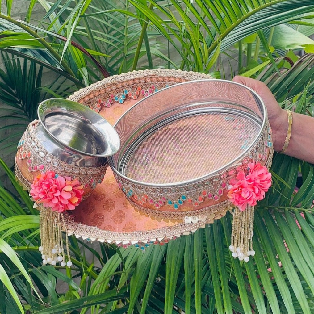 Karwa Chauth Pooja Thali Set – Handcrafted Peach Banarasi Design