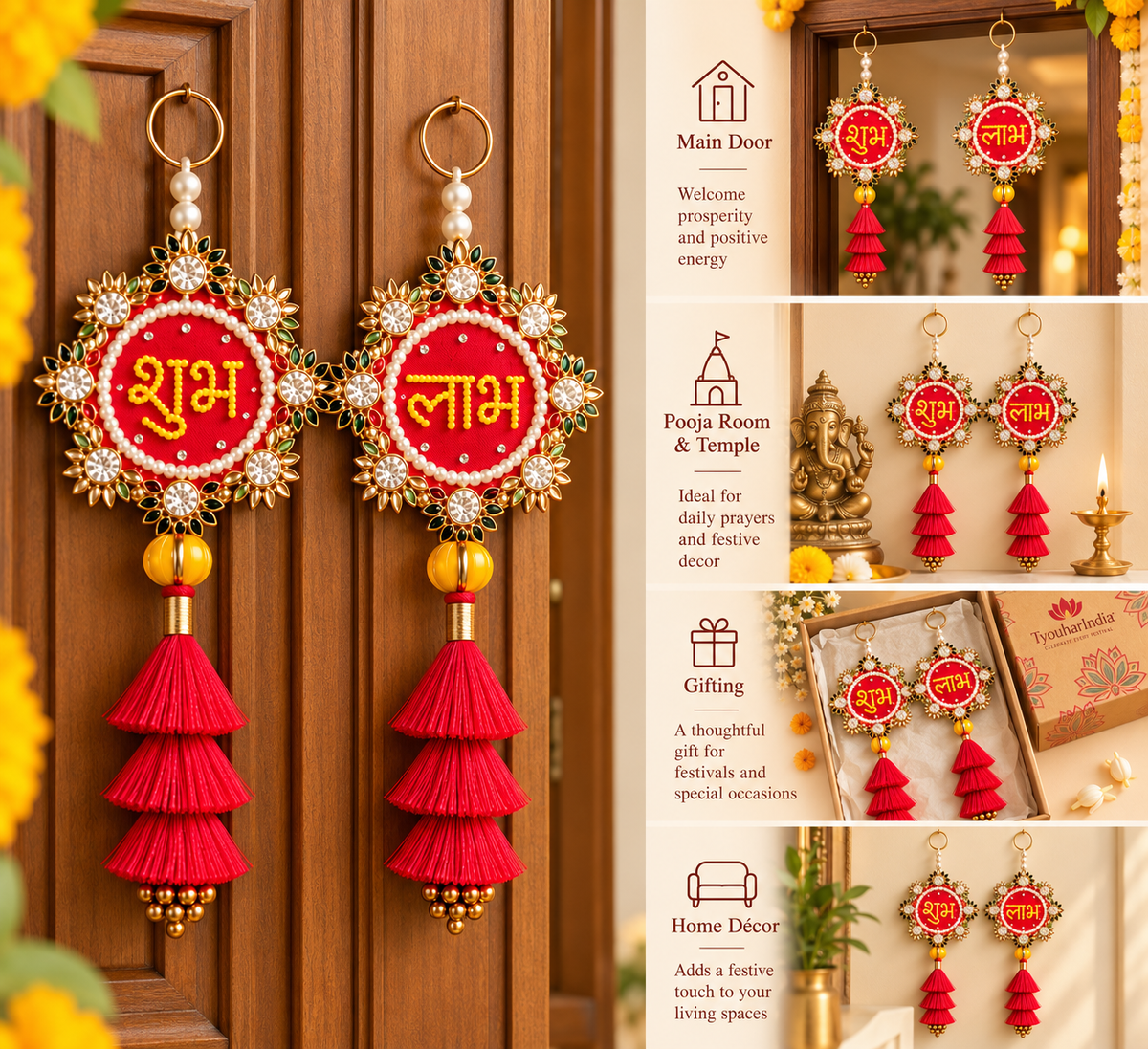 Floral Shubh Labh Latkan with Red/Pink Tassels