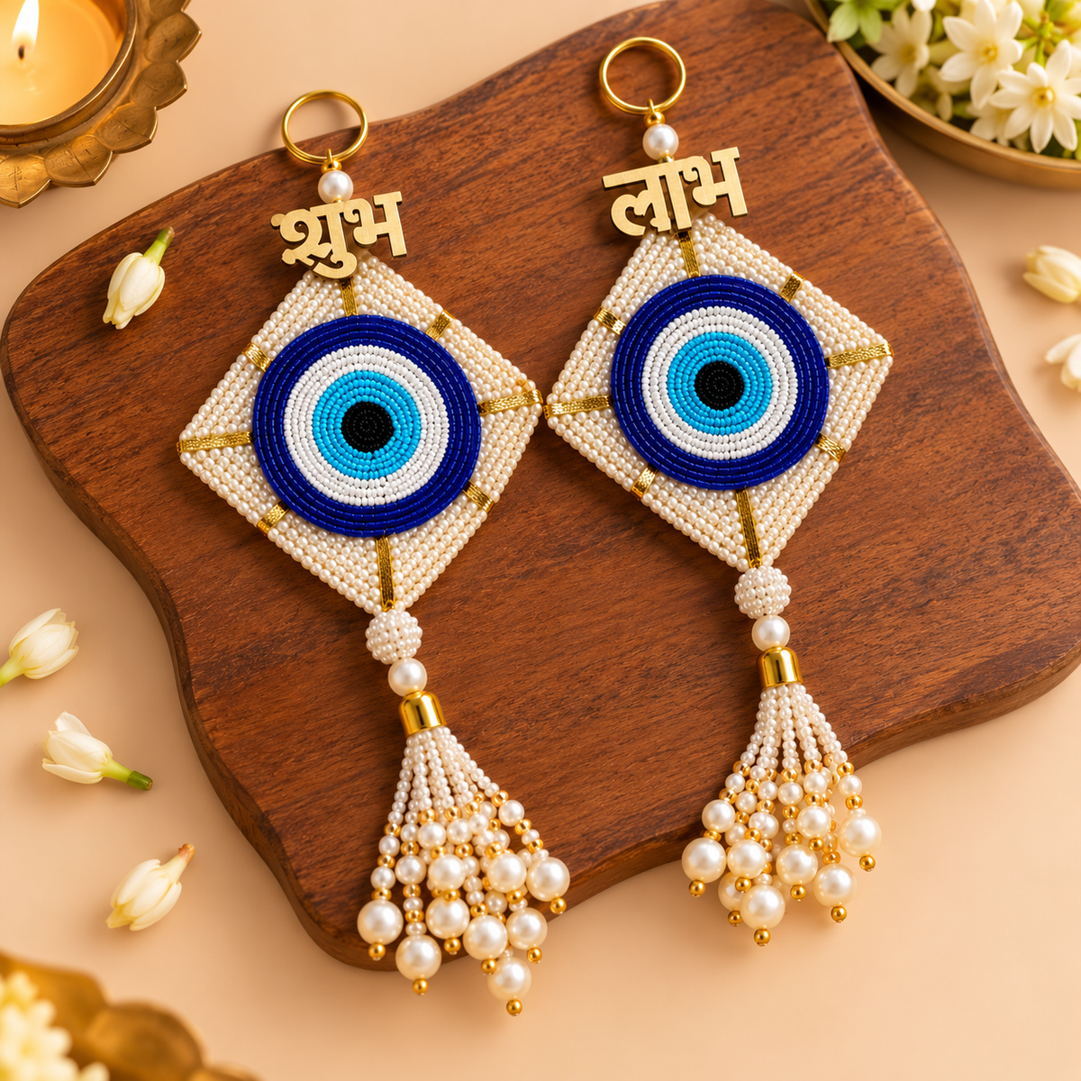 Evil Eye Shubh Labh Pair – Handmade Blue & White Beads with Pearl Tassels