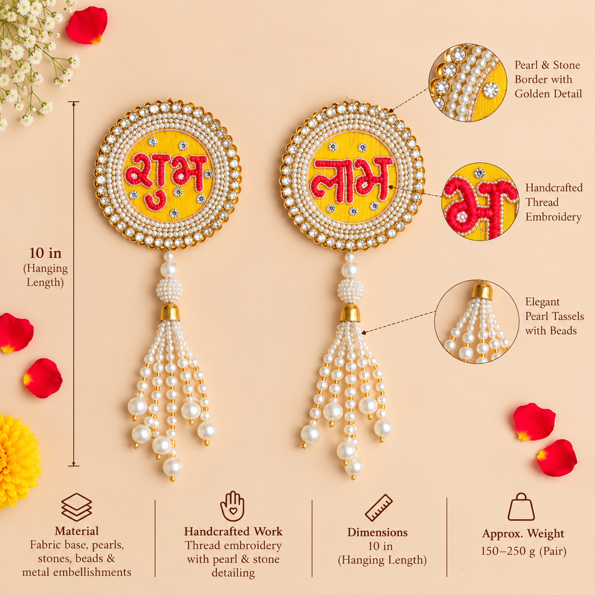 Handcrafted Yellow & Red Shubh Labh with Pearls & Kodi Tassels