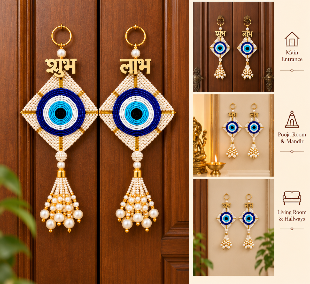 Evil Eye Shubh Labh Pair – Handmade Blue & White Beads with Pearl Tassels