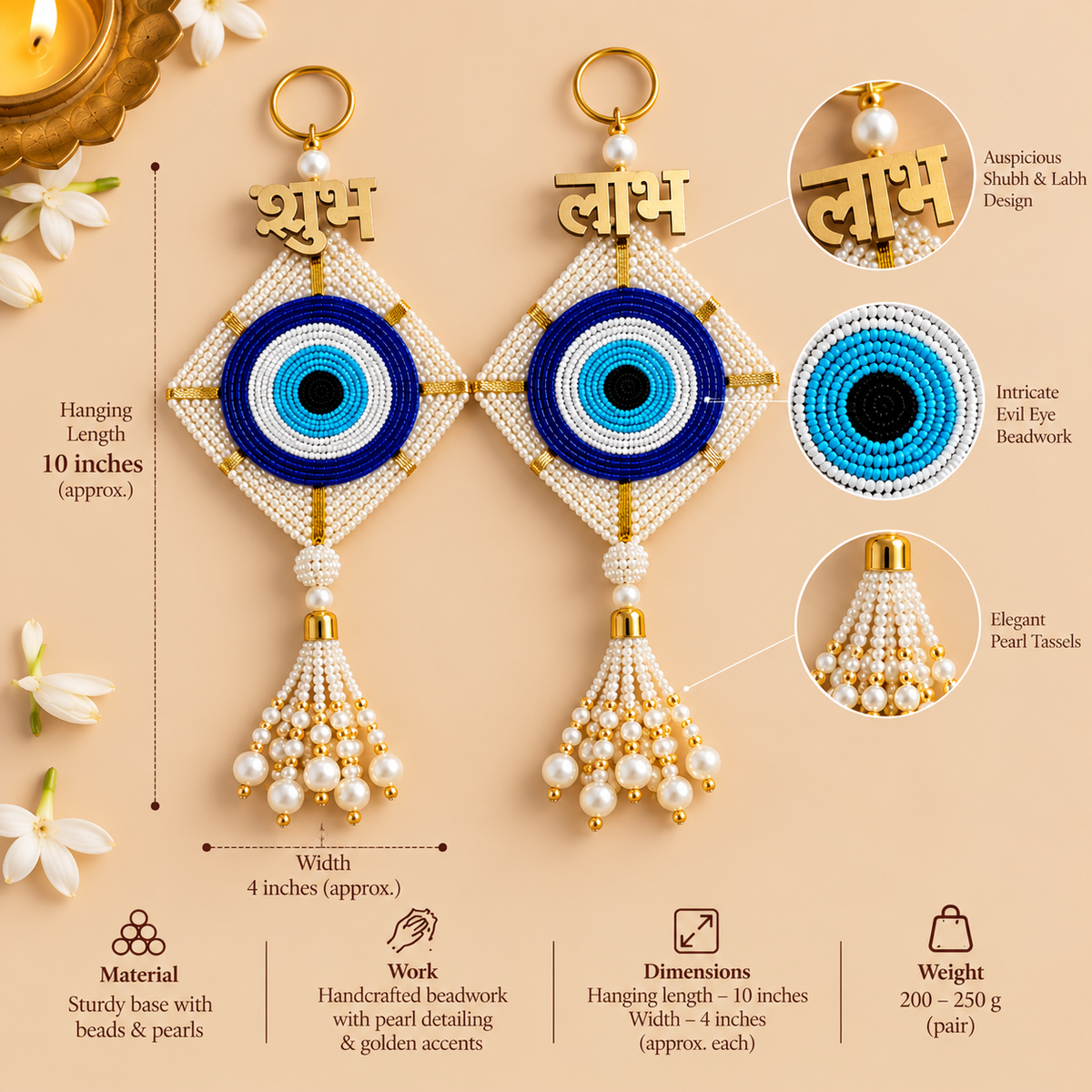 Evil Eye Shubh Labh Pair – Handmade Blue & White Beads with Pearl Tassels