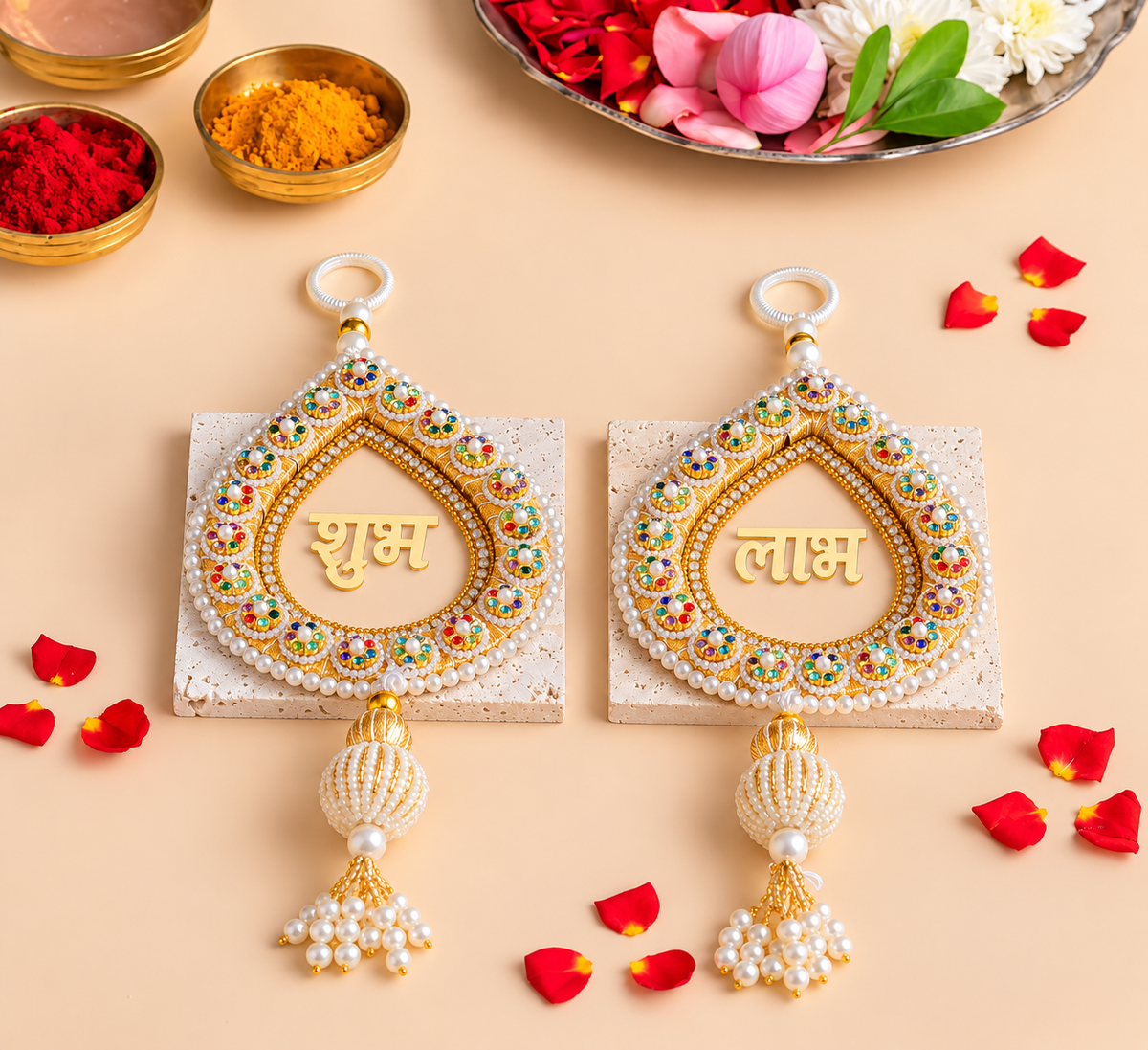 Multicolor Stone Beaded Shubh Labh Pair with Pearl Tassels- White & Gold