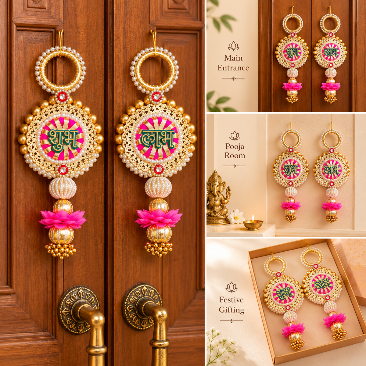 Golden Pearl Shubh Labh Pair with Pink Floral Tassels