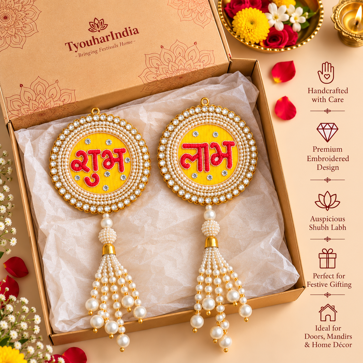 Handcrafted Yellow & Red Shubh Labh with Pearls & Kodi Tassels