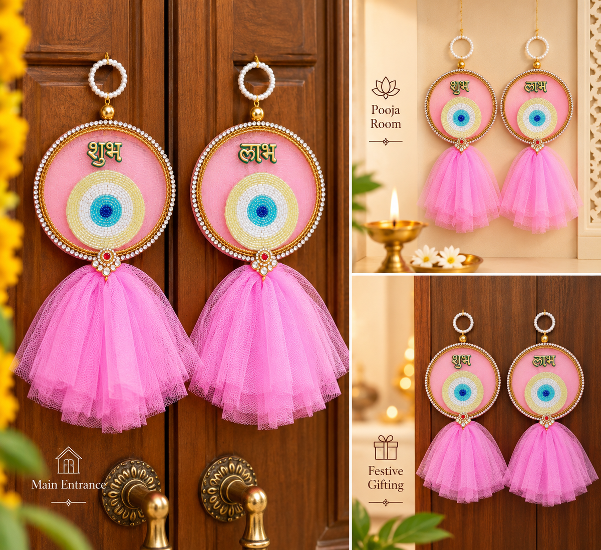 Pink Evil Eye Shubh Labh with Net Tassels