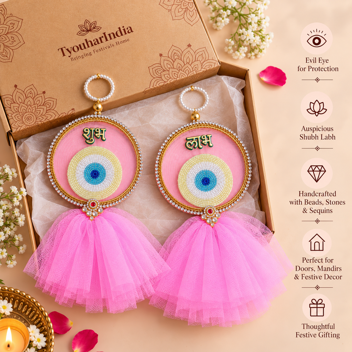 Pink Evil Eye Shubh Labh with Net Tassels