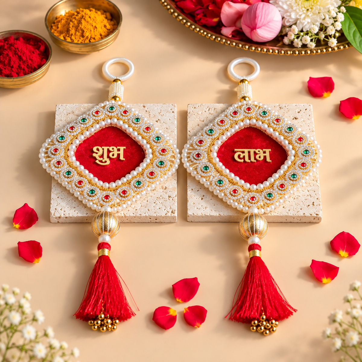 Red Velvet Shubh Labh with Kundan Stonework & Tassels