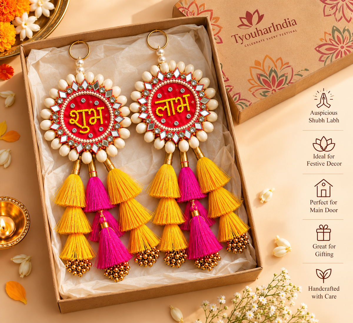 Kodi Shell Shubh Labh Latkan Pair with Tassels