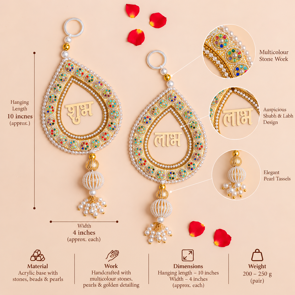 Multicolor Stone Beaded Shubh Labh Pair with Pearl Tassels- White & Gold