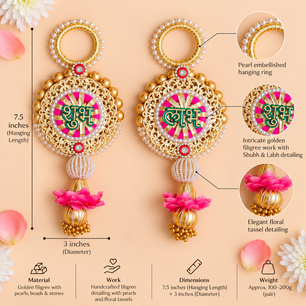 Golden Pearl Shubh Labh Pair with Pink Floral Tassels