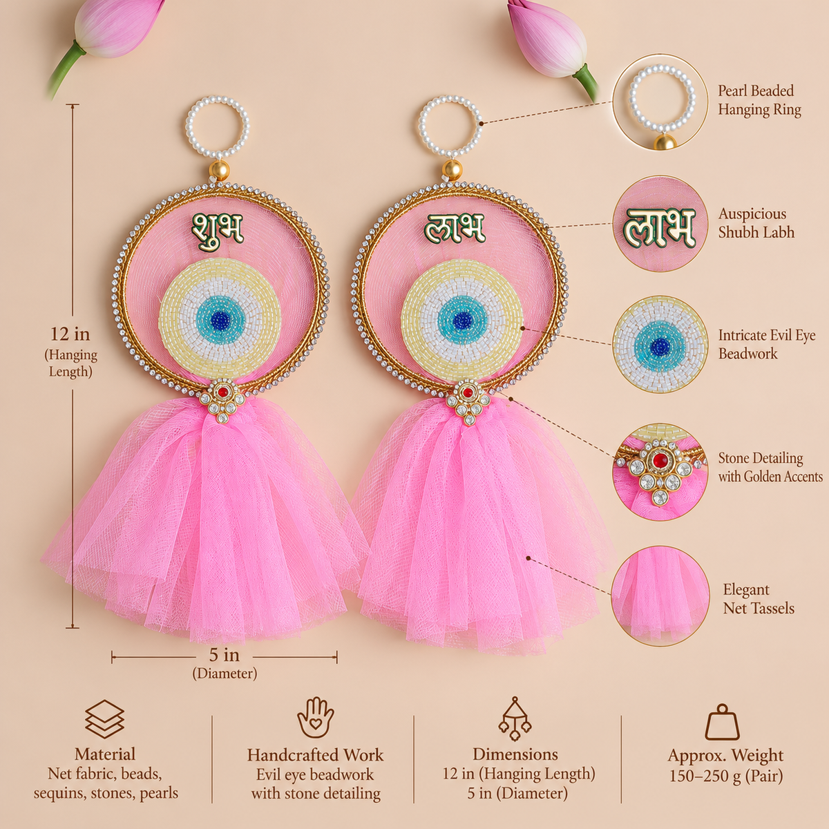 Pink Evil Eye Shubh Labh with Net Tassels