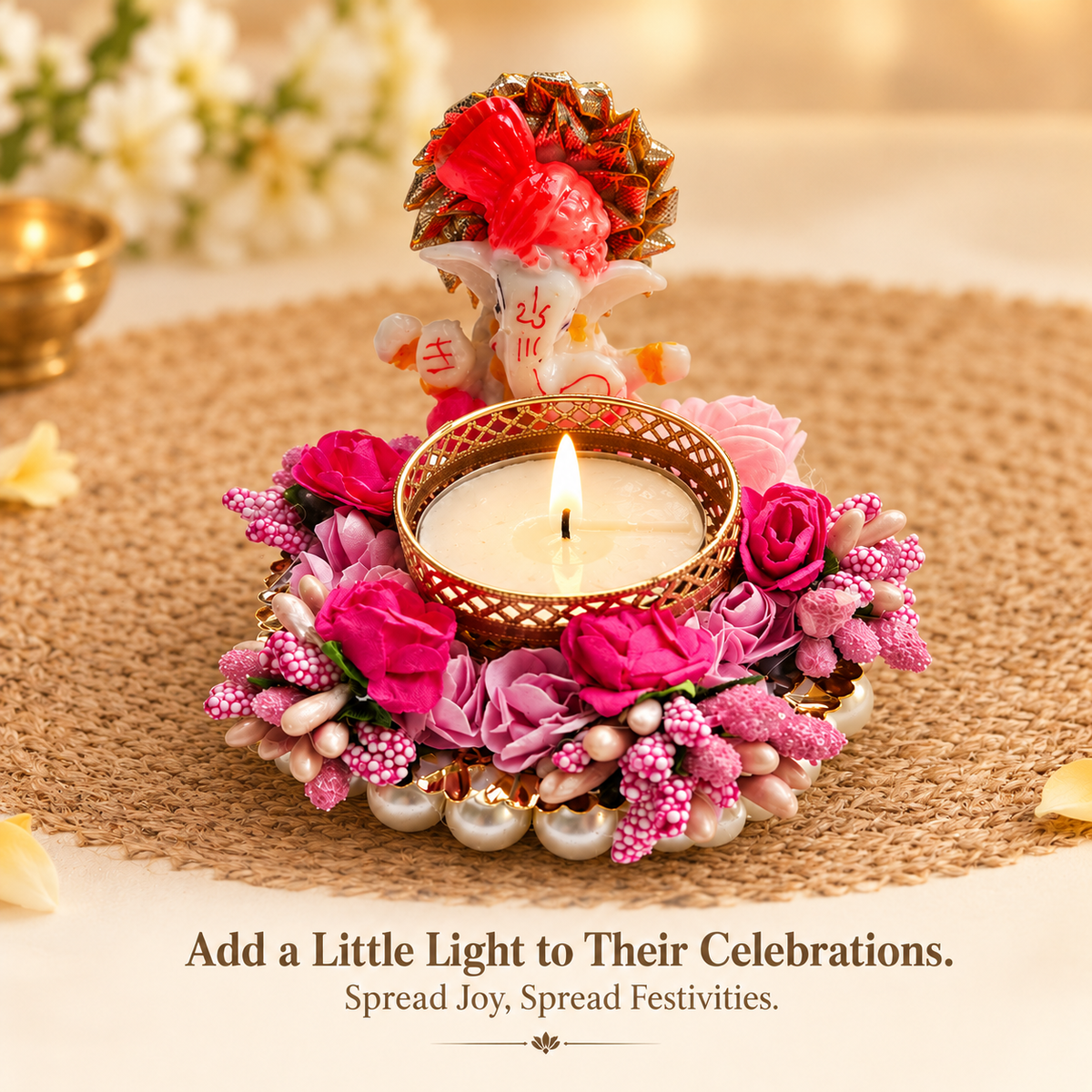 Pink Floral Ceramic Ganesh Tea Light Holder