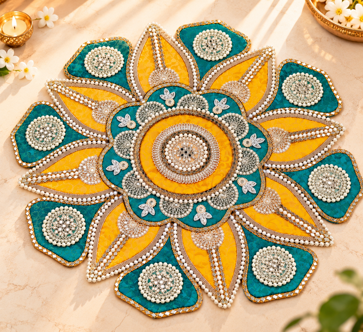 Emerald Kesari Grand Floral Gotta Patti Rangoli | Reusable & Modular | 24 Inches