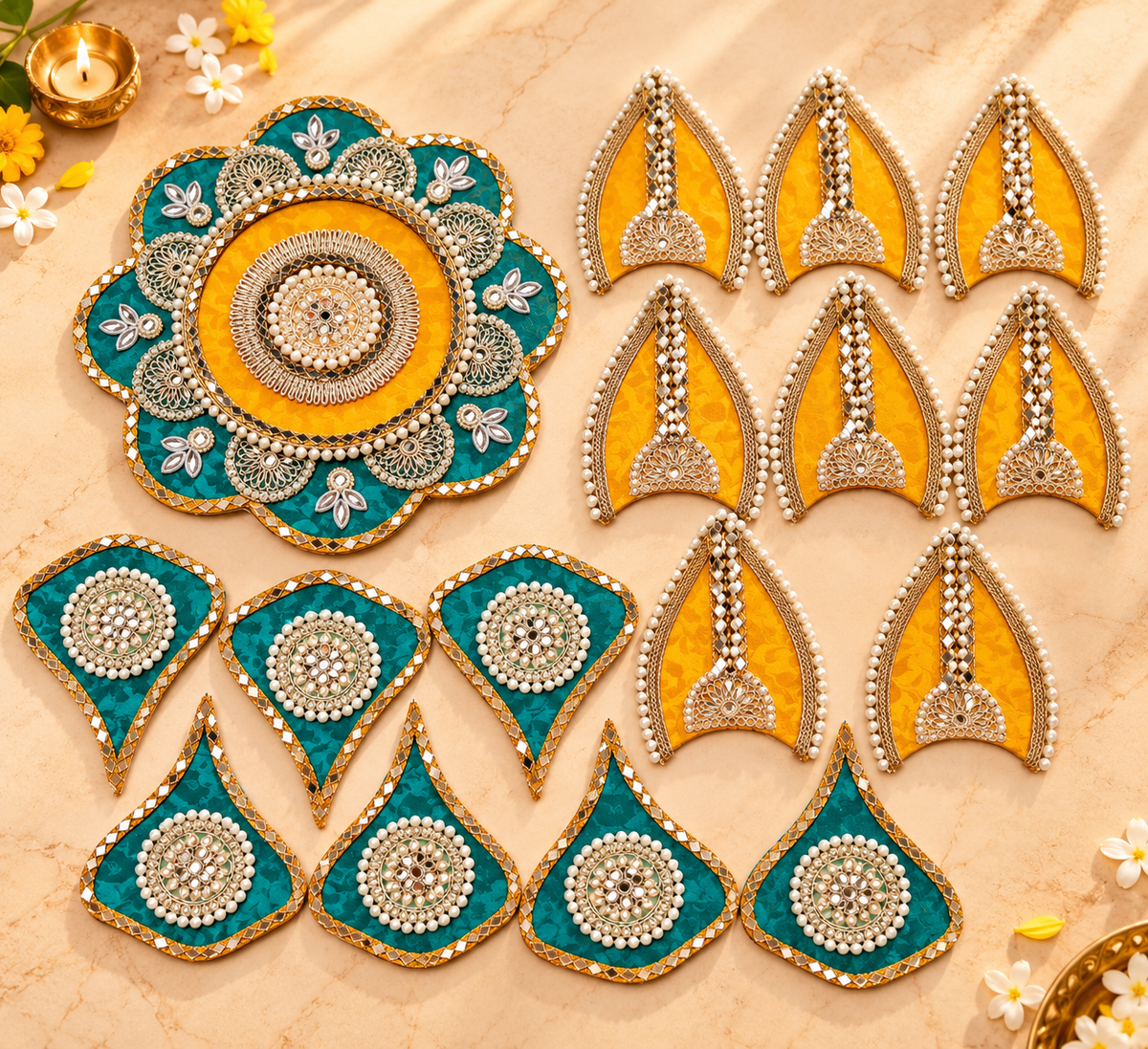 Emerald Kesari Grand Floral Gotta Patti Rangoli | Reusable & Modular | 24 Inches