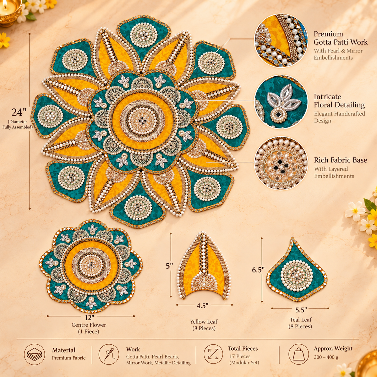 Emerald Kesari Grand Floral Gotta Patti Rangoli | Reusable & Modular | 24 Inches
