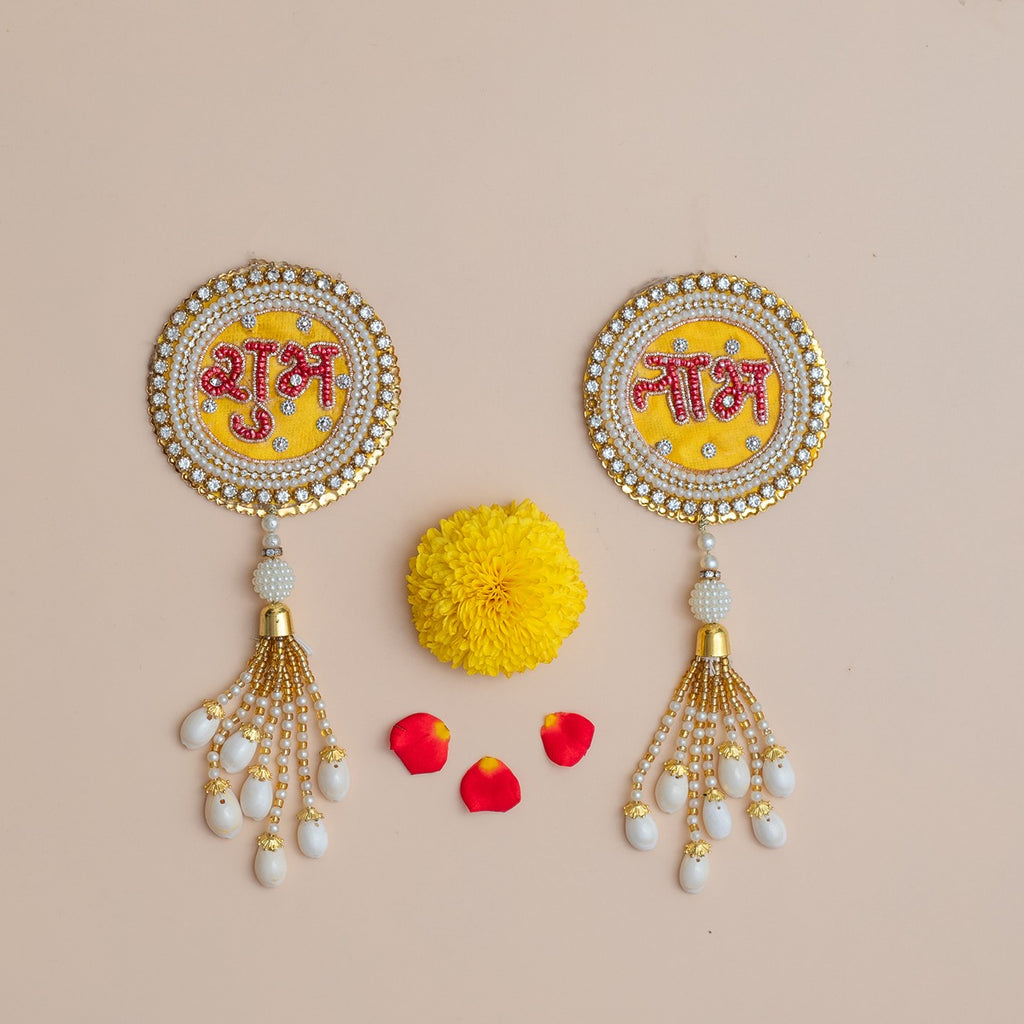Handcrafted Yellow & Red Shubh Labh with Beads, Pearls & Shell Tassels