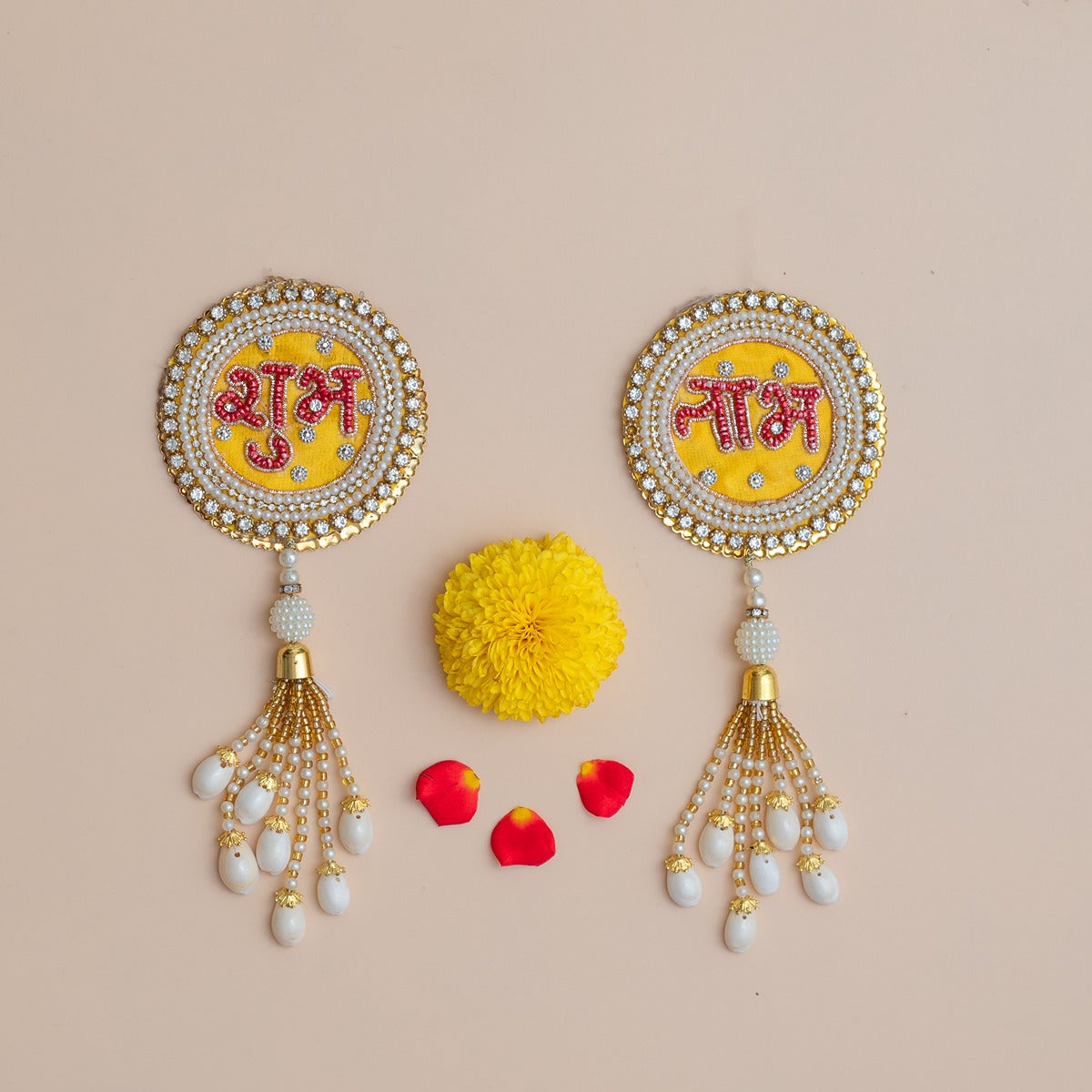 Handcrafted Yellow & Red Shubh Labh with Beads, Pearls & Shell Tassels