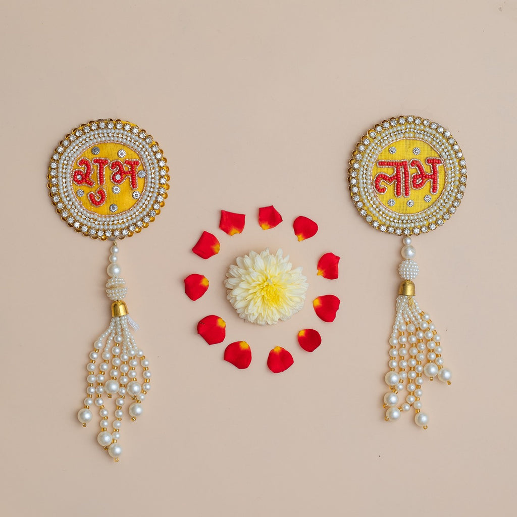 Handcrafted Yellow & Red Shubh Labh with Beads, Pearls & Shell Tassels
