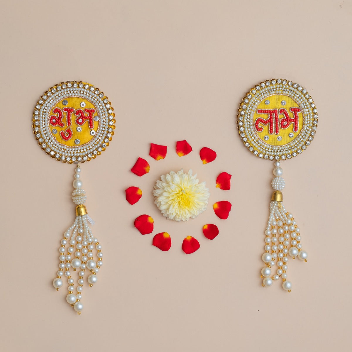 Handcrafted Yellow & Red Shubh Labh with Beads, Pearls & Shell Tassels