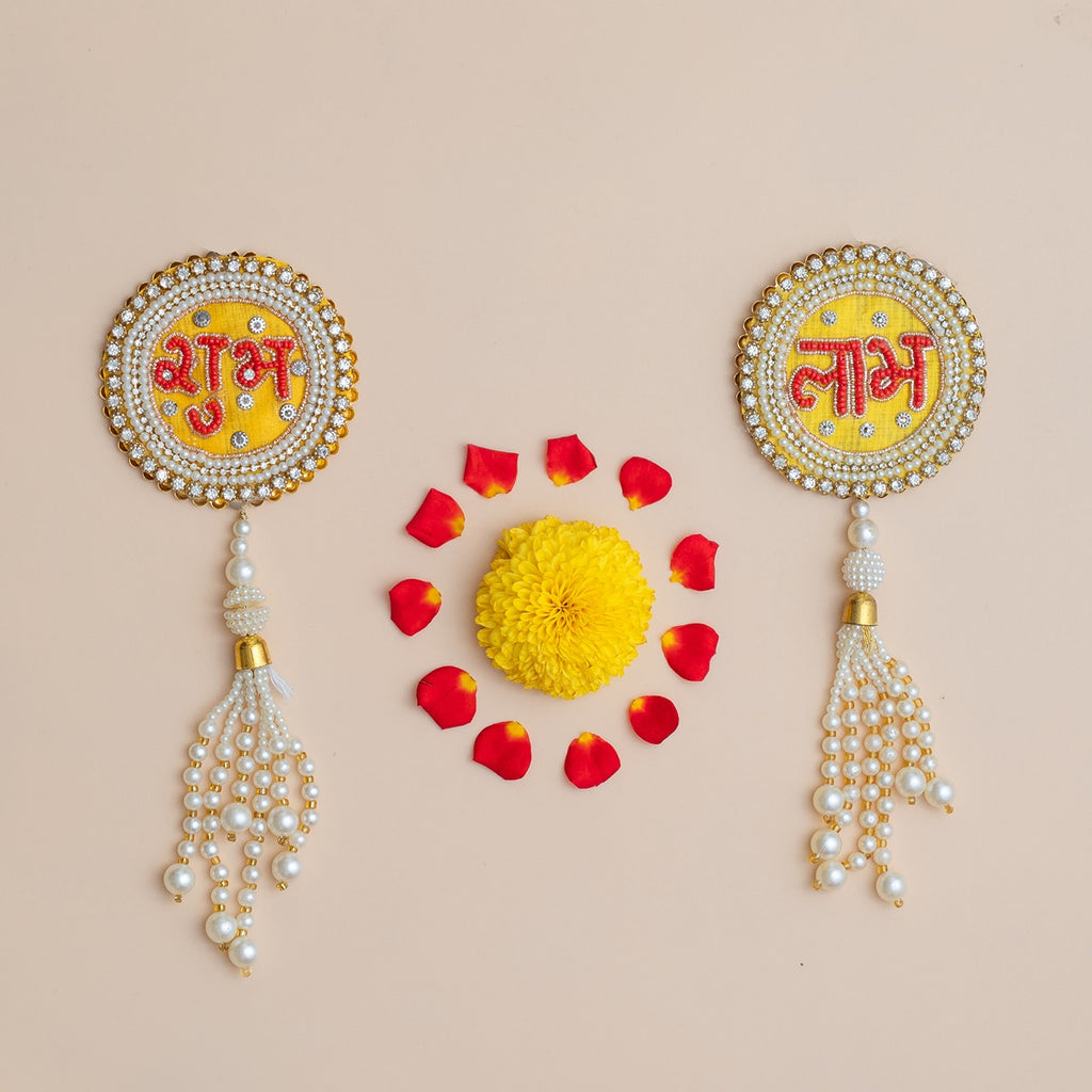 Handcrafted Yellow & Red Shubh Labh with Beads, Pearls & Shell Tassels