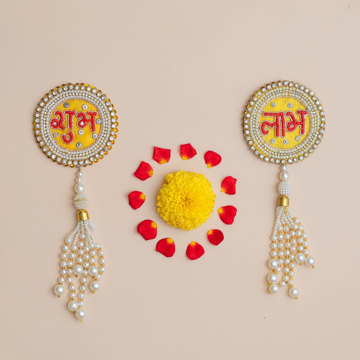 Handcrafted Yellow & Red Shubh Labh with Beads, Pearls & Shell Tassels