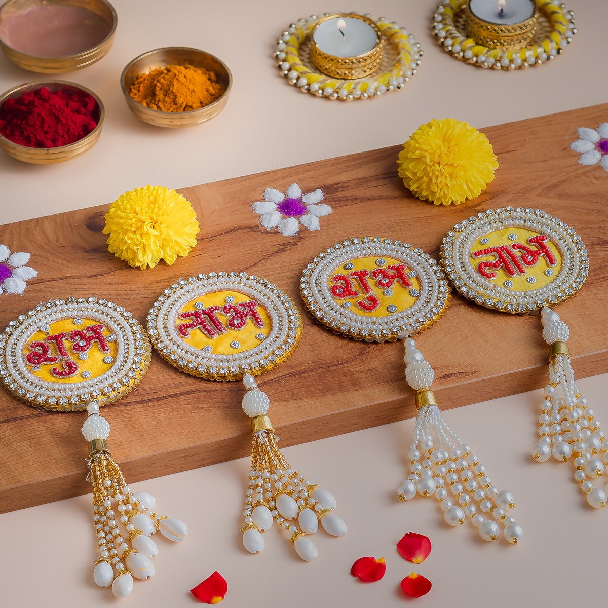 Handcrafted Yellow & Red Shubh Labh with Beads, Pearls & Shell Tassels