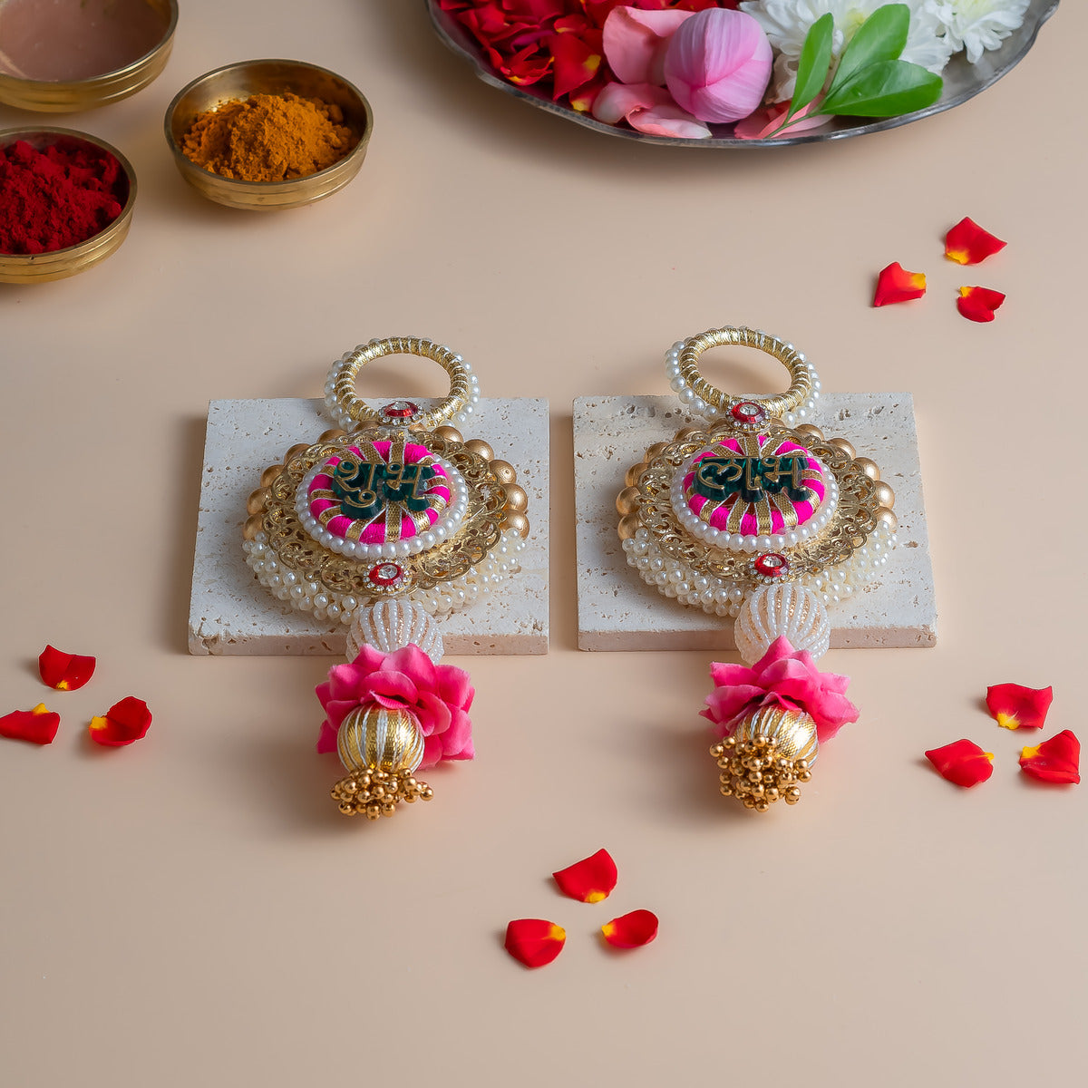 Handcrafted Golden Pearl Shubh Labh Pair with Floral Tassel