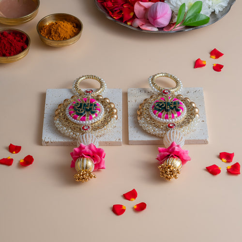 Handcrafted Golden Pearl Shubh Labh Pair with Floral Tassel