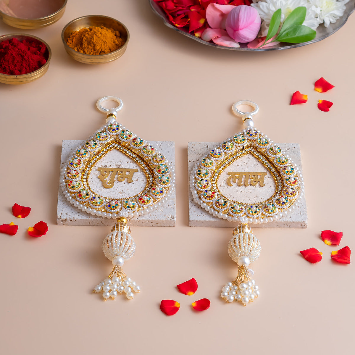 Handcrafted White & Multicolor Stone Beaded Shubh Labh Pair with Pearl Tassels