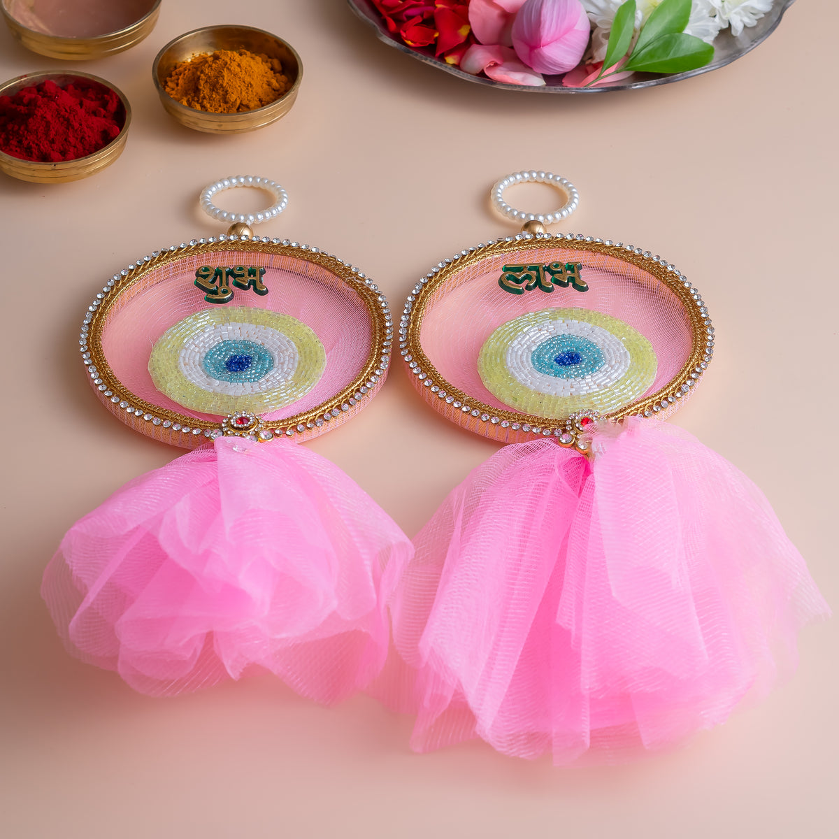 Pink Evil Eye Shubh Labh with Net Tassels